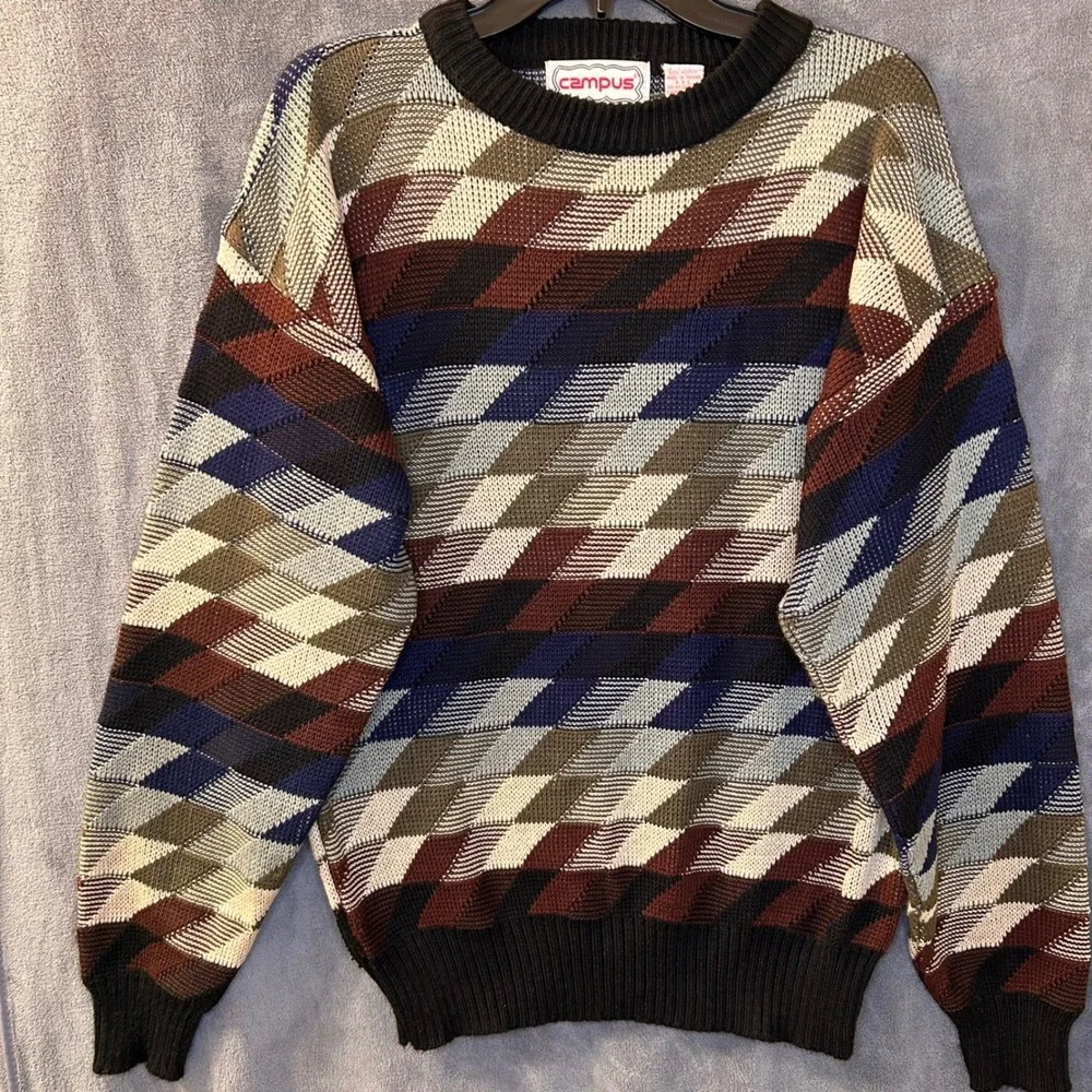 VTG Campus Sweater Mens L Coogi Style Geometric Pattern Knit Pullover Crew Neck